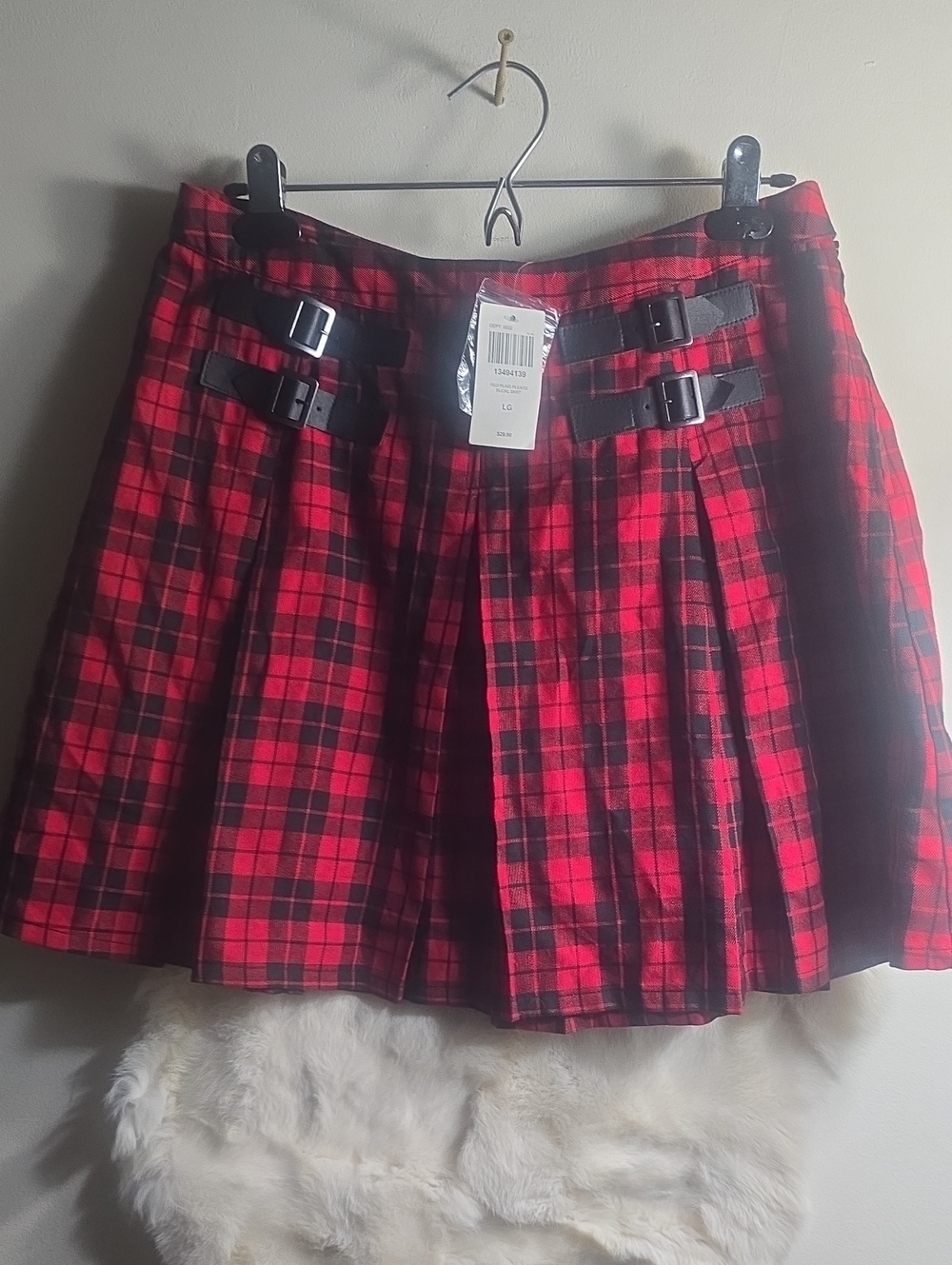 Hot Topic Red and Black Plaid Skater Skirt with Buckle Straps